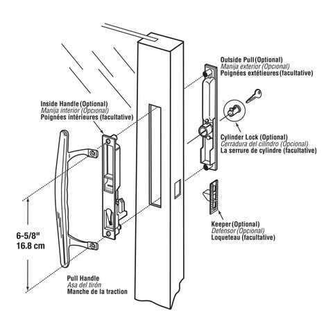 Diagram illustrating parts and dimensions of the White Painted Diecast Aluminum Sliding Patio Door Pull Handle, Six And Five Eighth Inch Center To Center Spacing, Low Profile, For Flush Lock Sets, Durable Replacement For Patio Doors, Single Pack.