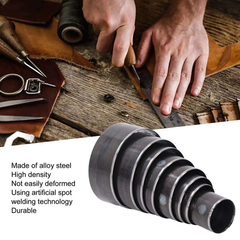 Hands using Leather Cutting Dies Set, 8 Pcs Alloy Steel Round Punch Tool Kit for Leather Craft, showing round punches and alloy steel material