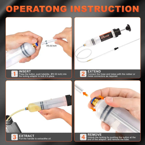 Automotive Fluid Extractor Pump With 32 Inch Hose 9 Inch Tubes Oil Change shown with operation steps