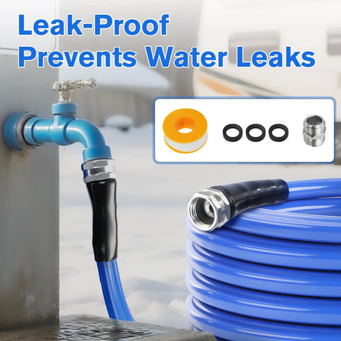 RV heated water hose kit, blue hose with metal fittings and black O-rings.