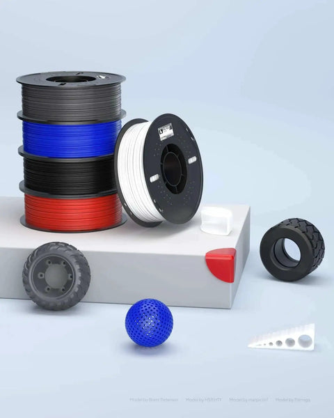 TPU Filament 1.75mm Black 2Kg Twin Spool 95A Flexible Soft 3D Printing Filament displayed with colorful 3D printed samples