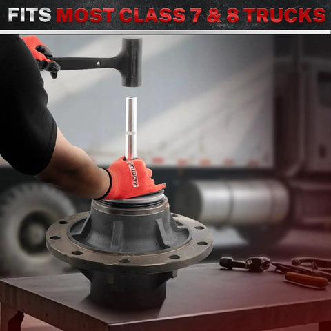 Truck Hub Seal Installer Kit With Bearing Race And Seal Driver Set in use on Class 7 and Class 8 truck hub