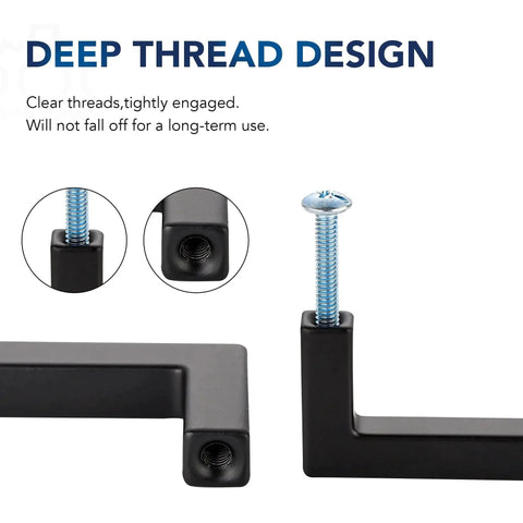 Deep thread design of 10 Pack Solid 5 Inch Square Matte Black Kitchen Cabinet Handles with clear screws and tight engagement.