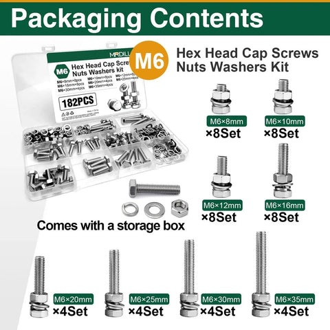 Packaging of the Massive 182Piece M6 Nuts And Bolts Kit With A2-70 Stainless Steel Hex Head Cap Screws M6x8 To M6x35 Includes Flat Washers