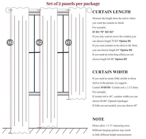 Diagram showing curtain measurement guidelines for installing Total Blackout Curtains 96 Inches Long For Bedroom And Living Room Two Panel Set.