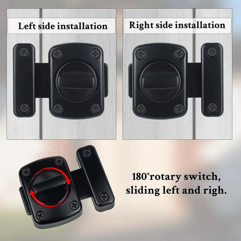 Two Pack Heavy Duty Rotating Bolt Latch With 180 Degree Double Sided Security Slide Lock, showing left and right installation on gate