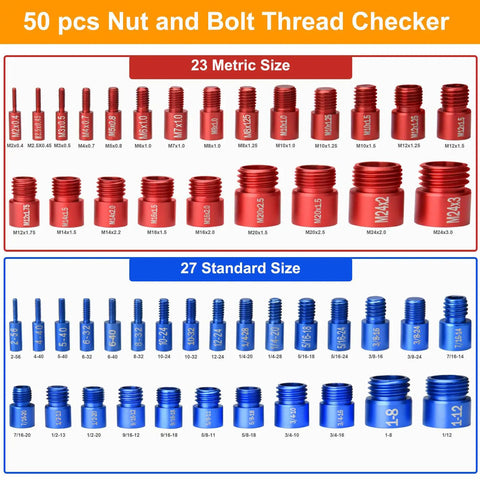 All In One Nut And Bolt Thread Checker Kit 50 Pcs SAE And Metric Detachable Size Finder For Screws Nuts And Fasteners In Tight Spaces Pro Grade Gauge Kit display of 50 detachable gauges.