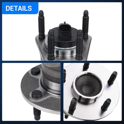 Close-up of Rear Wheel Bearing And Hub Assembly 512285 For Chevy Cobalt HHR Malibu Pontiac G6 Saturn Aura 5 Lug Wheel Hub Assembly With ABS System And Flange Offset OEM Quality Replacement Part showing 5-lug pattern and ABS sensor connector.