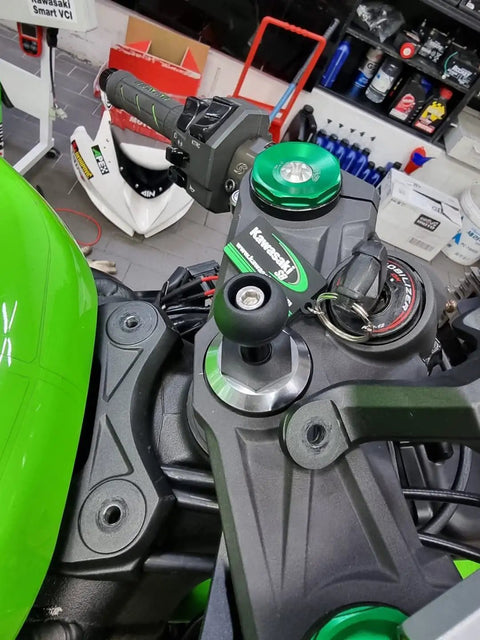 Moto Mount Ninja 12mm Hex Fork Stem Base With 1 Inch TPU Ball Adapter installed on Kawasaki motorcycle handlebar