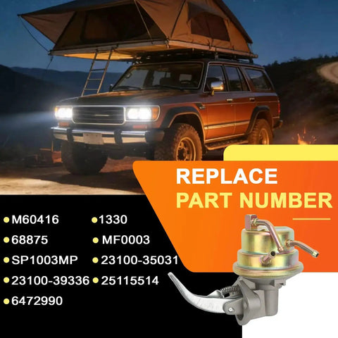 Direct Fit Mechanical Fuel Pump Replacement M60416 for Toyota 4Runner with OE style casting displayed with a vehicle in the background