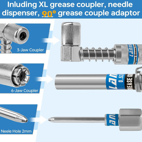 Grease Gun Coupler Kit With 12000 PSI Strength All In One Kit Extra Reach 90 Degree Adapter Precision 2MM Needle