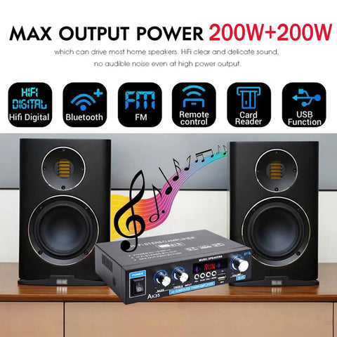 Mini Stereo Amplifier For Home Audio With Bluetooth Five Point Zero Two Channel 200W Peak Power with speakers