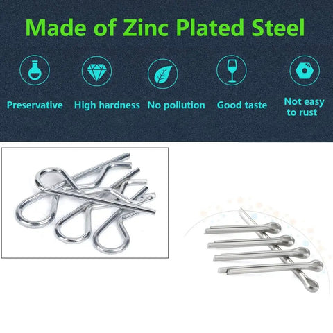 300 Piece Cotter Pin And R Clip Set For Car And Home Use With Zinc Plated Steel Fasteners Includes Multiple Sizes M1.6 M2.5 M3.2 M4 And Inch Sizes 3/32 5/32 5/64 7/64 9/64 Hair Pins And Hitch Pins showing zinc plated hairpin clips