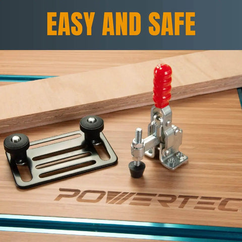 Heavy Duty 200 Lb Vertical Toggle Clamp With Quick Release on wooden surface with antislip rubber tip, ideal for woodworking jigs.
