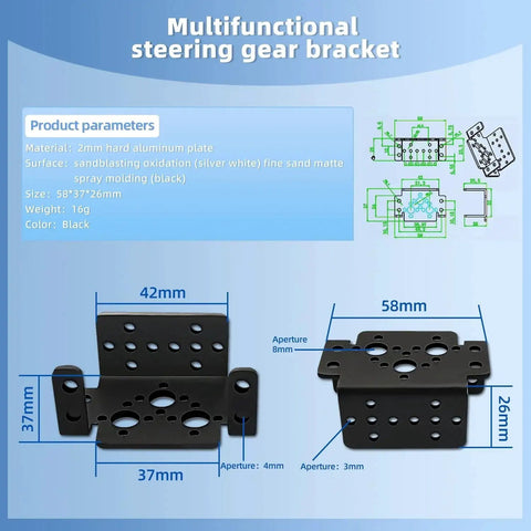 Two black DaFuRui pan-tilt servo mount brackets (aluminum) for MG995/MG996R, front view with multiple mounting holes.