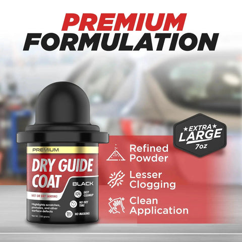 Black Dry Guide Coat Powder Sanding Defects Highlights Scratches Wet Or Dry, 7oz container, highlighting product benefits.