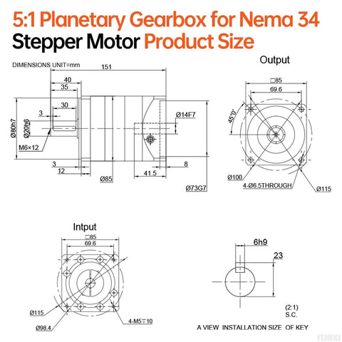 Technical diagram of Ratio 5 To 1 Planetary Gearbox For Nema 34 Stepper Motor Backlash 10 Arcmin