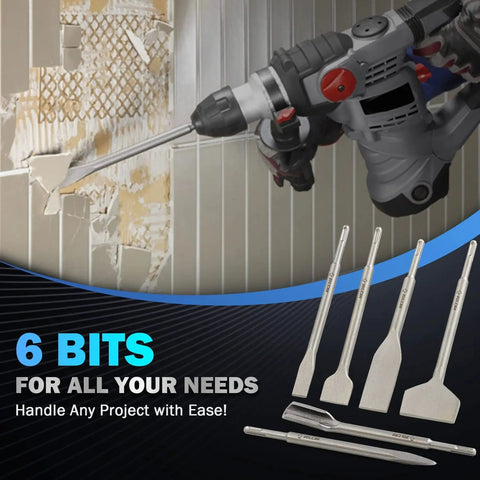 All In One 6 Piece SDS Plus Chisel Set For Tile Concrete And Masonry By Zelcan displayed with rotary hammer drill removing tile