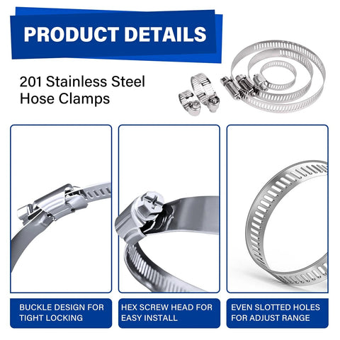 201 stainless hose clamp kit, 60 pcs, adjustable 1/4–1-1/2 in (6–38 mm), worm gear clamps for plumbing and auto