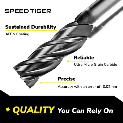 Close-up of One Quarter Inch Square End Mill Set, Carbide 4 Flute CNC Router Bits, AlTiN Coated, highlighting durability.