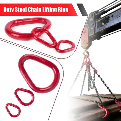 Pear Shaped Lifting Link Forged G80 Alloy Steel in use on crane with chains, side view, red teardrop design for heavy rigging load distribution.