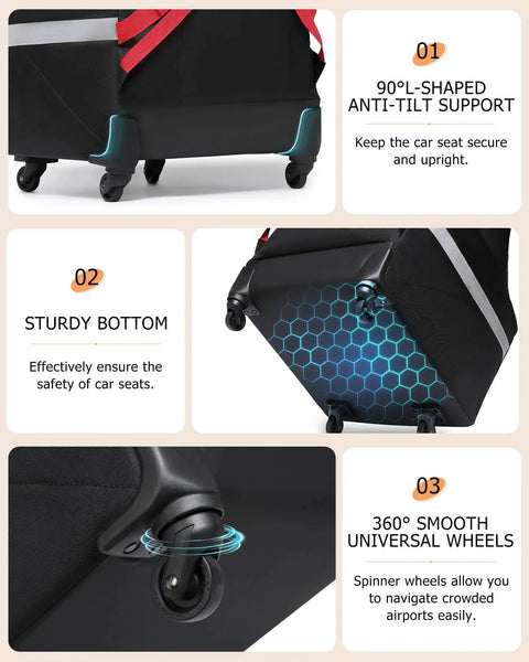Detailed view of Travel Ready Car Seat Bag With Wheels For Air Travel showing anti-tilt support, sturdy bottom, and spinner wheels
