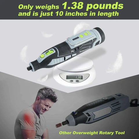 Cordless 12V Rotary Tool Kit With 5 Speed Settings, shown on scale reading 1.38 pounds, highlighting its lightweight design