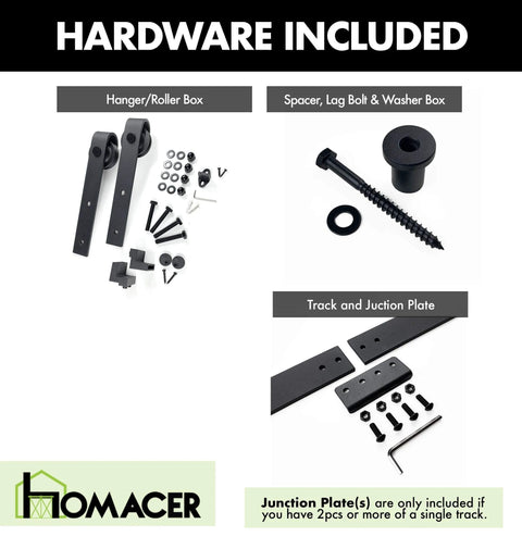 Rustic Black Non Bypass Sliding Barn Door Hardware Kit including hangers, spacers, lag bolts, and junction plates
