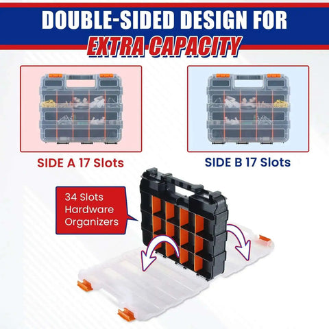 Double Sided Small Parts Organizer Box With 34 Compartments And Removable Dividers For Screws Nuts Bolts Nails Hardware Tools Crafts Tackle 1 Pack Pro Grade Heavy Duty showing two sides with 17 slots each.