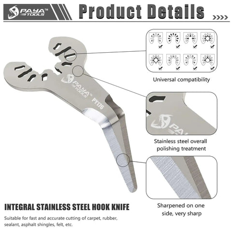 Integral stainless steel hook knife with polished finish and sharp edge for cutting carpet and sealant, displaying universal blade compatibility.