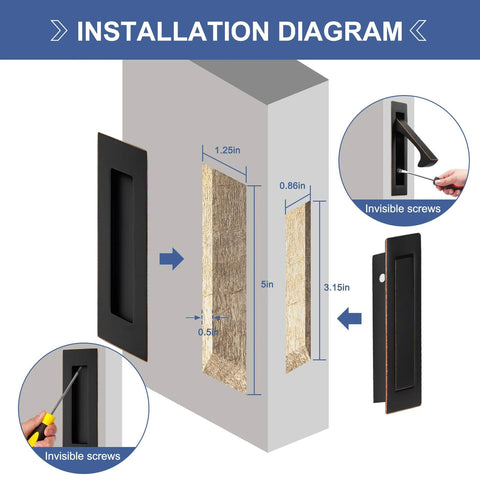Installation diagram of Oil Rubbed Bronze 6 Inch Pocket Door Hardware Kit with Recessed Flush Pulls and Edge Pulls