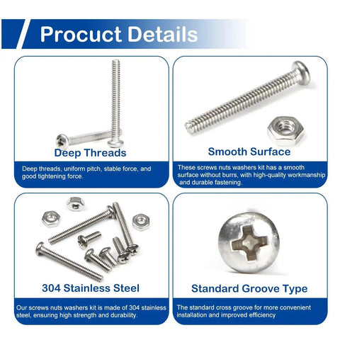 310 Piece 4-40 Phillips Pan Head Machine Screws Assortment Kit in 304 Stainless Steel showing deep threads and smooth surface