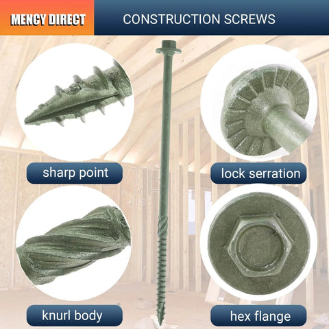 Pack Of 50 14 By 8 Inch Heavy Duty Wood Screws With Green Hex Head For Timber And Landscaping Projects, shown close-up in construction setting.