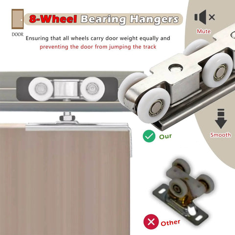 Heavy Duty Sliding Barn Door Hardware Track Kit Exterior With Low Profile Pocket Door Rail For One Pivot, showing 8 wheel hanger system for quiet smooth glide, stainless steel construction.