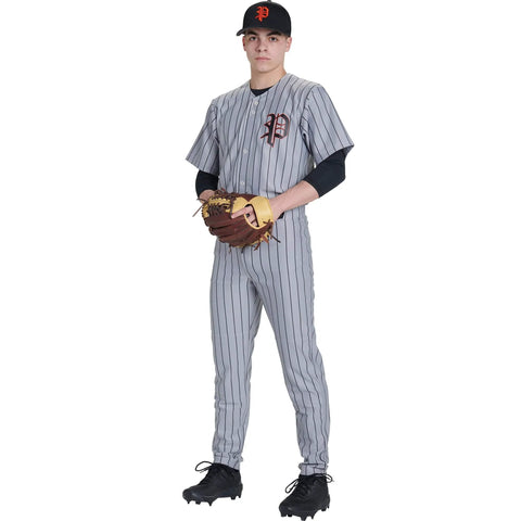 Baseball player wearing Pro Weight Four Way Stretch 14 Ounce Tapered Baseball Pants For Adults White With Black Pinstripes Open Bottom Tailored Fit TEK KNIT Polyester Durable Gameday Ready Pant, holding a glove in front.