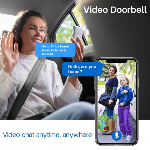 Woman using smartphone with video from 2K Video Doorbell With Full Body View And AI Detection, Night Vision, PIR Motion Alerts displayed.