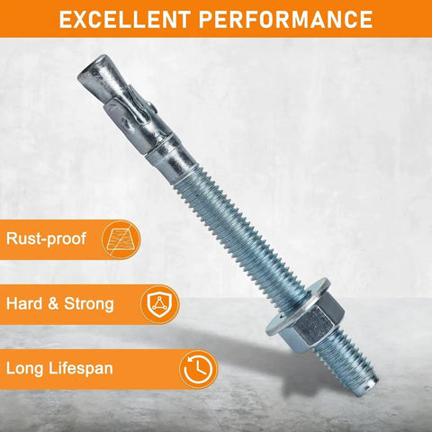 Three Eighths Inch Diameter Wedge Anchors Set, Three And Three Quarters Inch Length, Eight Pack, zinc plated fastener with nut and washer