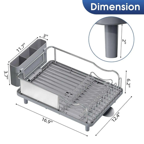 Image showing dimensions of Premium Stainless Steel Dish Drying Rack With Large Capacity Counter Organizer Drain Board Utensil Holder And Detachable Cup Shelf Rustproof 304 Surgical Grade Easy Assembly For Busy Kitchens.