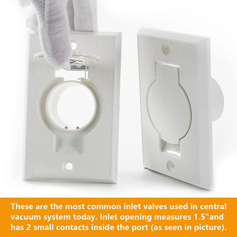 Central vacuum wall plate inlet cover set, 2-pack; white plastic with 1.5-inch round opening.