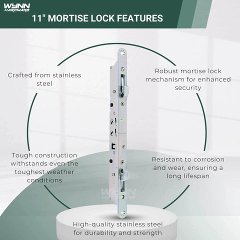 Eleven And Three Quarters Inch Multi Point Mortise Lock With Face Plate For Sliding Patio Glass Door Dual Point Lock Set Replacement Anti Slam Button Stainless Steel Handle Not Included shown standing against a white background featuring product details