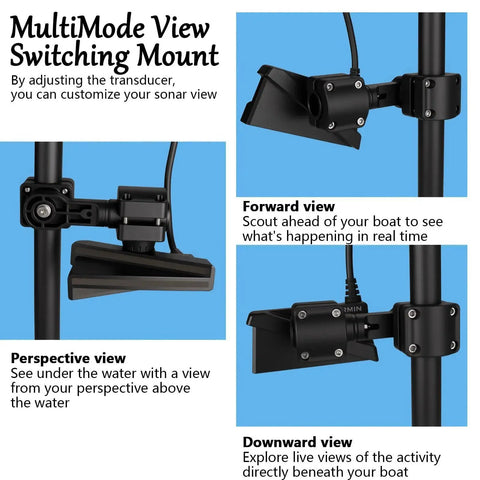MultiMode view switching mount for trolling motor showing forward, perspective, and downward views. Sonar customization with LVS34 transducer.