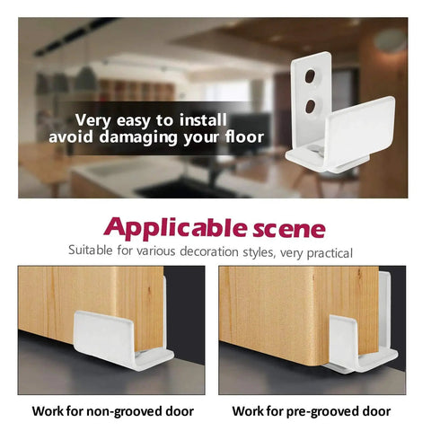 Adjustable Wall Mounted Barn Door Guide for Grooved and Non Grooved Doors, white, easy to install, shown on wood doors