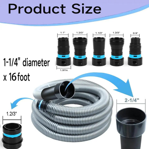 16 Foot Universal Dust Collection Hose For Home And Shop Vacuum Systems with 6 adapters shown coiled for woodworking use