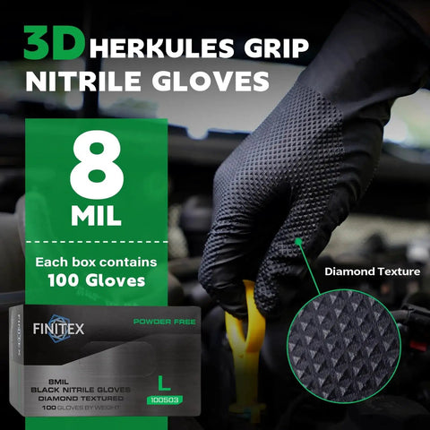Close-up of a hand wearing Heavy Duty Black Nitrile Industrial Gloves 8 Mil Puncture Resistant Large with diamond texture gripping a tool