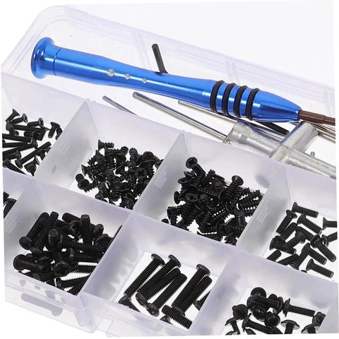 RC Car Screw Fasteners Tool Kit With Wrench And Arm Pin Screws For Quick Repairs And Easy Maintenance An All In One Gasket Replacement Set With Nuts Bolts And Tools For Pro Level RC Car Upkeep in organizer box.