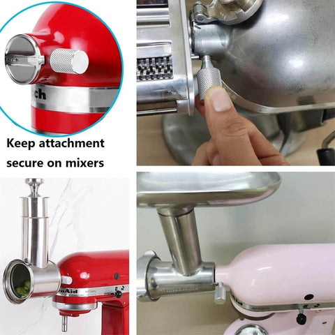 Two Pack KitchenAid Stand Mixer Attachment Hub Thumb Screws, Long Knob Replacement Parts, Silver, Secure Fit For Tilt Head And Bowl Lift Mixers, Easy Install, Durable Accessory For Quick Fixes shown in use securing mixer attachments.