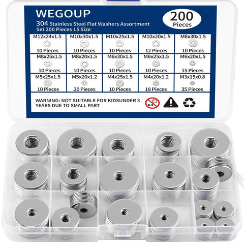304 Stainless Steel Flat Washers Kit, 200 Pieces in 15 Sizes from M3 to M12 in plastic organizer box