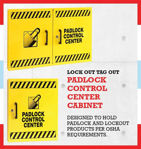 Lockout Tagout Cabinet Kit For Padlocks, LOTO Control Center with yellow steel doors, OSHA compliant padlock storage, wall-mounted design.
