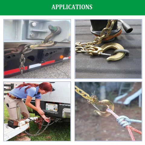 Various applications of 2 Pack 3/8 Inch Slip Hook With Safety Latch, G70 Forged Steel Tow Chain Hook in towing and securing trucks.