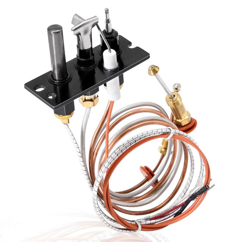 LP propane gas pilot assembly for fireplaces with thermocouple and thermopile, black mounting plate and copper tubing